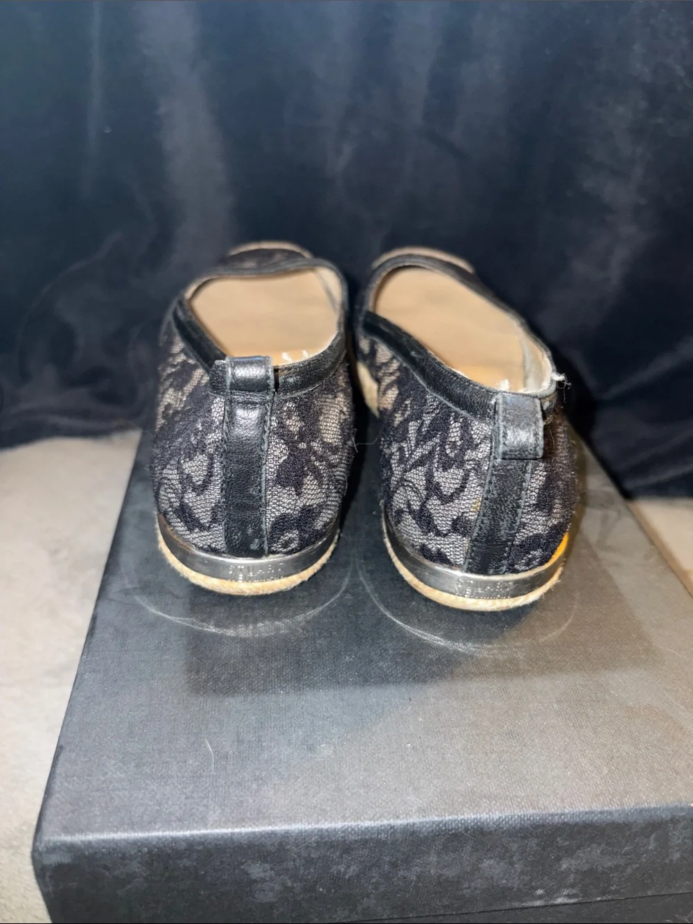 Stuart Weitzman Black Lace Espadrille Flats with Jute Toe
